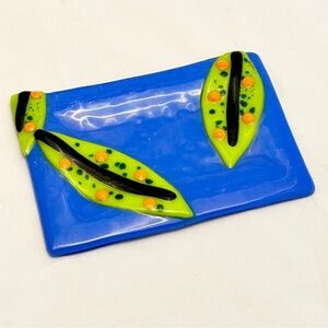 Fused Glass Trinket or Soap Dish, Blue with Leaves, VGUC